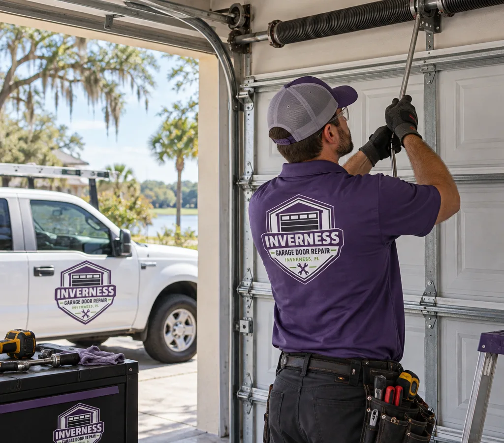 Residential garage door with a visible torsion spring assembly as a contractor prepares to service the secured spring system