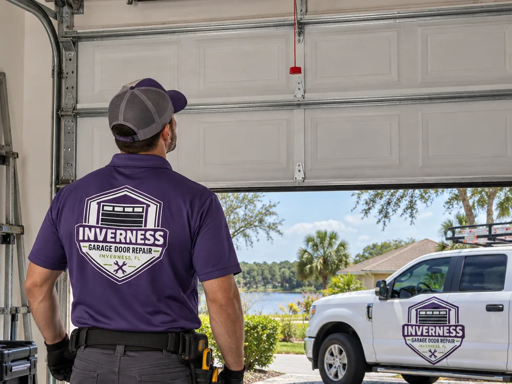 Balanced residential garage door sitting half open with the opener disconnected and torsion hardware aligned