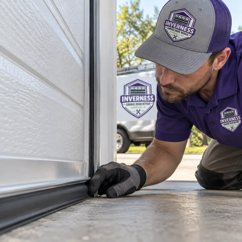 Garage door bottom seal contacting the concrete slab evenly across the threshold