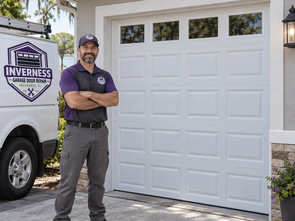Finished raised-panel garage door with clean trim and even spacing around the opening