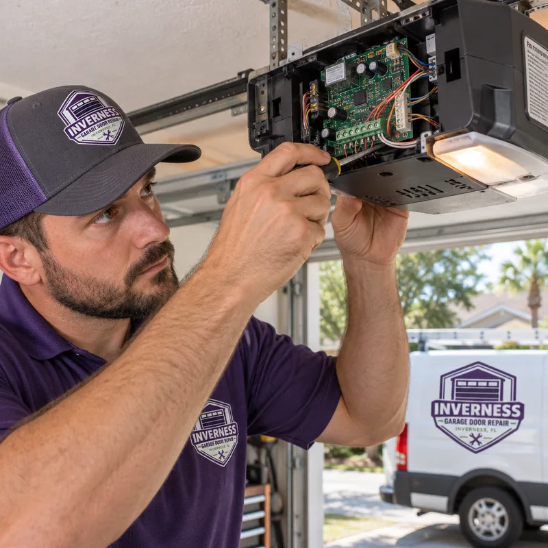 Garage door safety photo eye mounted near the track with its alignment indicator light visible