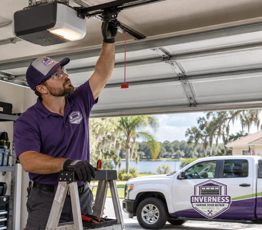 Residential garage door with a ceiling-mounted opener as a contractor inspects the opener rail and trolley connection