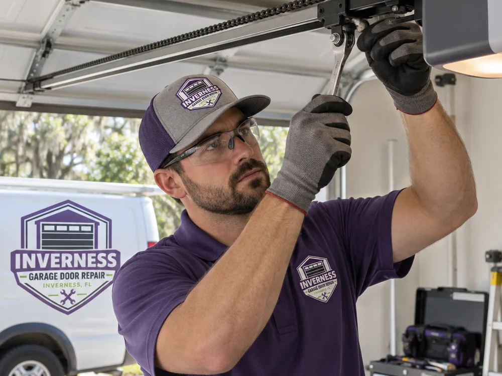 Contractor checking opener travel limits using controls on the opener housing while the garage door is open