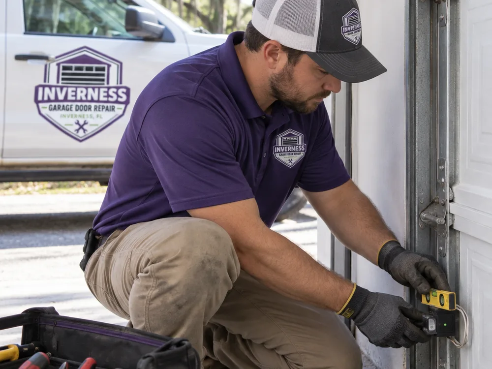 Contractor aligning garage door safety photo eyes and checking low-voltage sensor wiring near the tracks