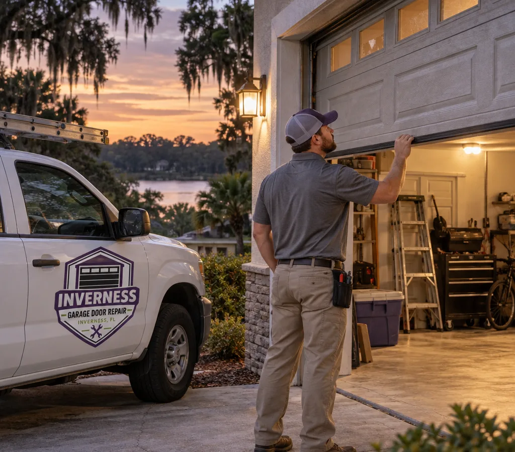 Residential garage door stuck partway open at dusk while a contractor inspects it from the driveway