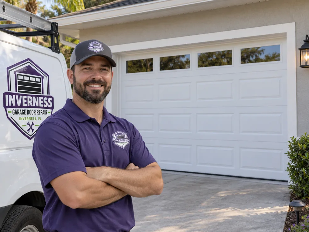 Residential sectional garage door level and closed with even panel gaps after repair