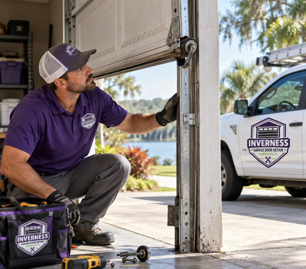 Residential garage door partially open with rollers outside the vertical track as a contractor assesses alignment and track condition