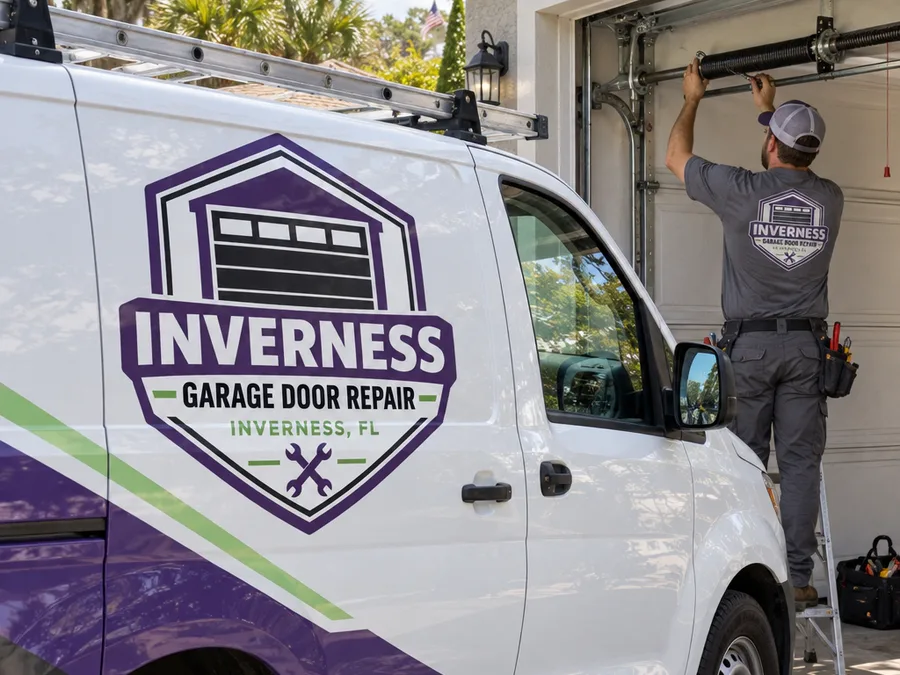 Contractor checking a garage door torsion spring and center bearing above the door